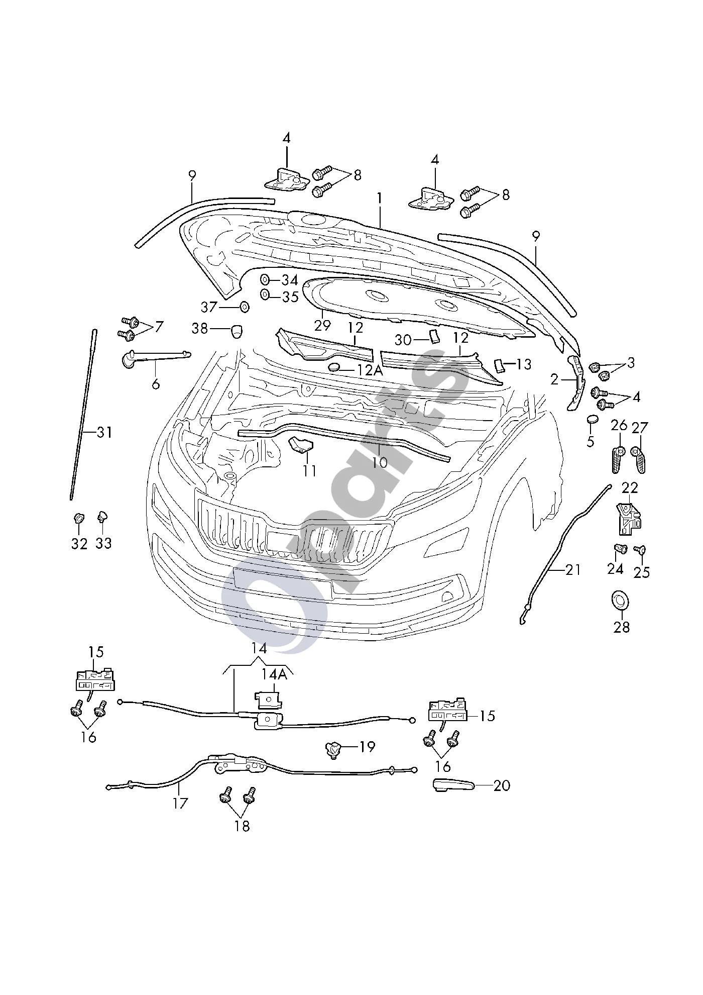 Skoda Kamiq (2019–) Variklio dangtis schema – Dangčio atrama