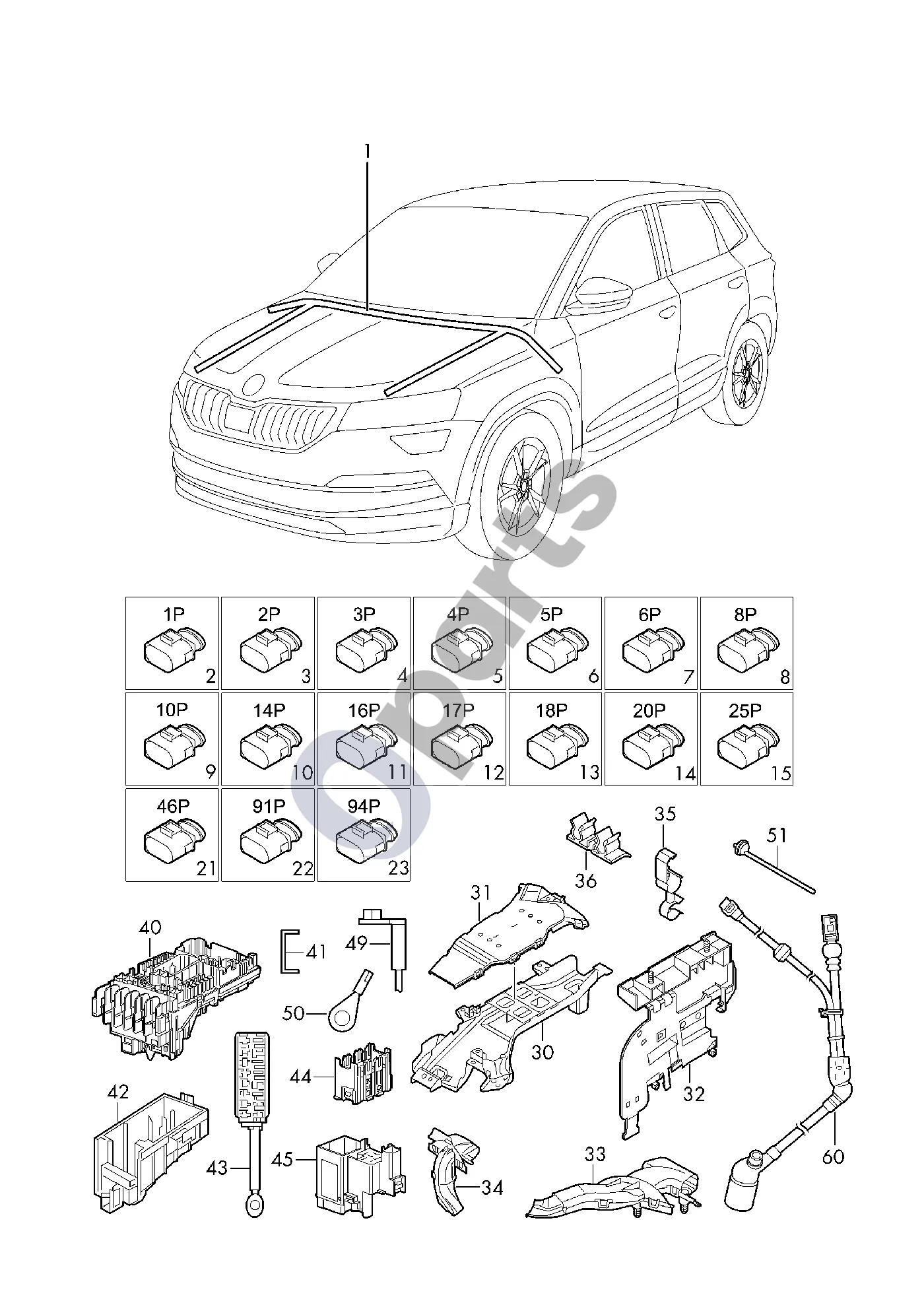 Skoda Karoq (2017–) Centrinė laidų pynė schema – pozicija 5: Plokščiųjų kontaktų jungtis; Galimas pavienis laidas:; Radiatoriaus ventiliatorius