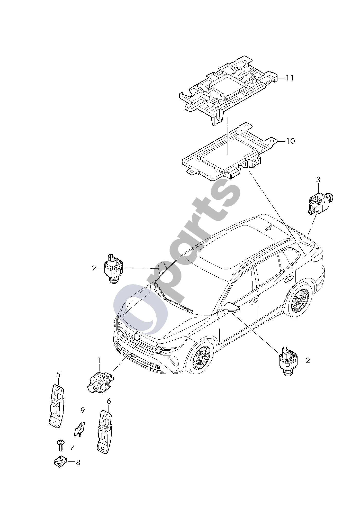 Skoda Kodiaq II (2024–) Kamera schema – pozicija 3: Valdymo blokas su kamera galinio vaizdo kamerai