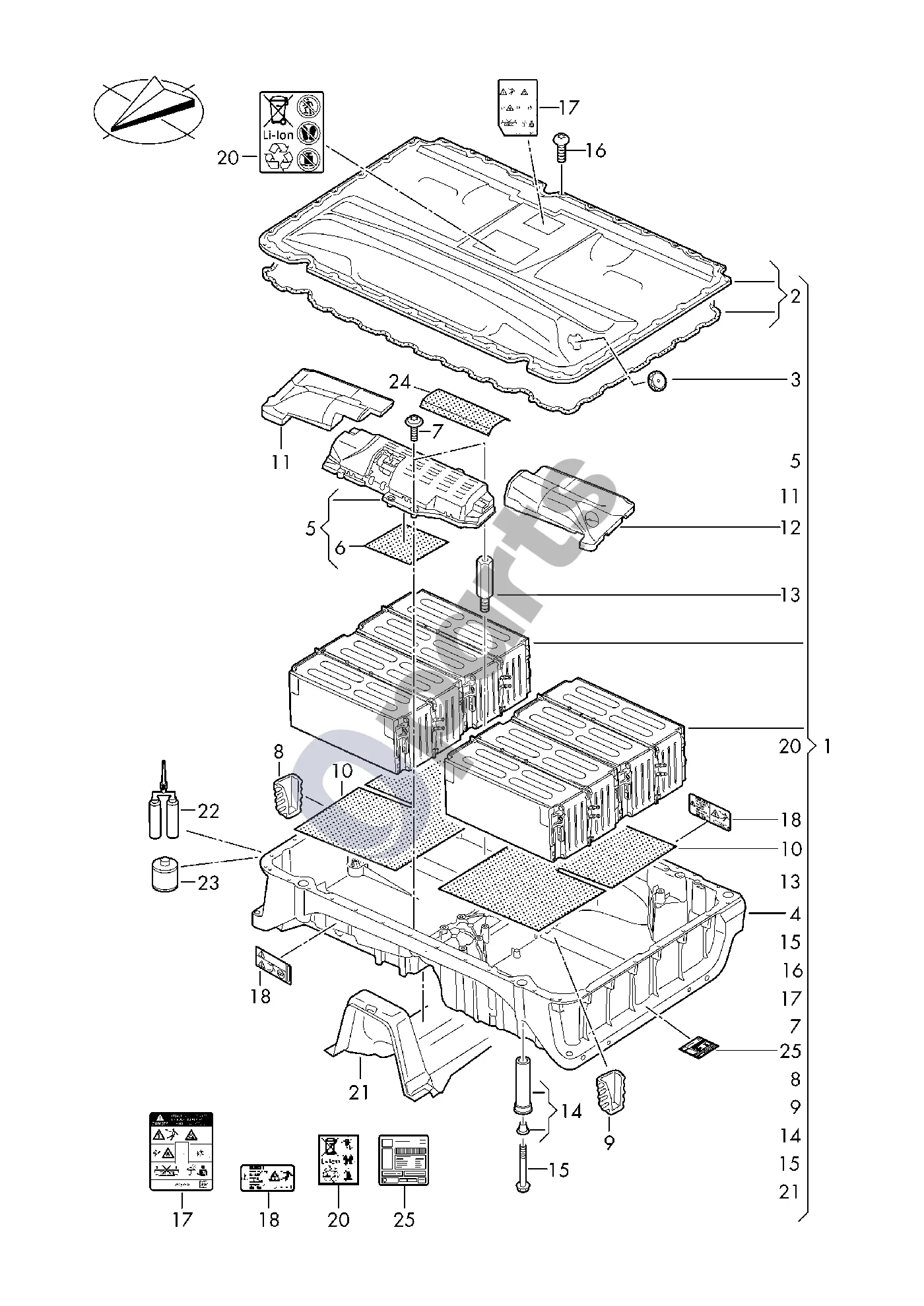 Skoda Superb B8 (3V) (2015–2024) Aukštos įtampos akumuliatorius schema – pozicija 1: Aukštos įtampos akumuliatorius; Taip pat naudoti: