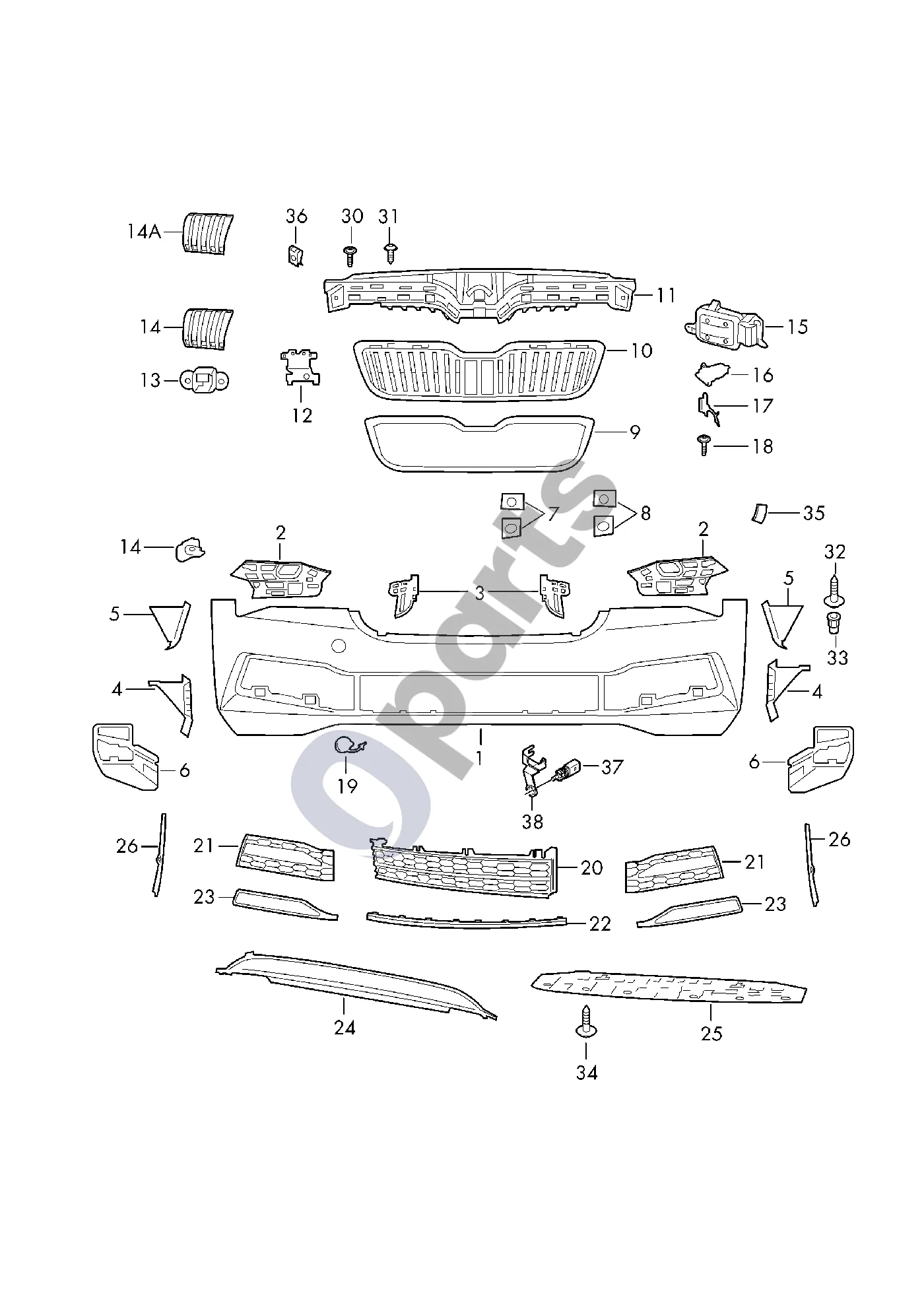 Skoda Superb B8 (3V) (2015–2024) Bamperis schema – pozicija 25: Uždarymo elementas