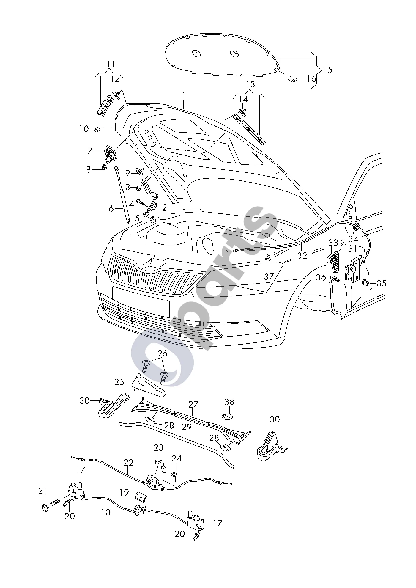 Skoda Superb B8 (3V) (2015–2024) Variklio dangtis schema – pozicija 6: Dujinis amortizatorius