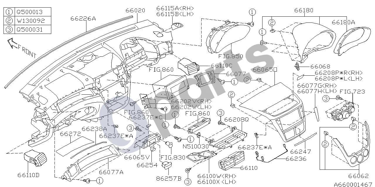 Subaru Exiga (2008–2018) Viršutinis schema – pozicija 66110: Ventiliatoriaus groteles, komplektas