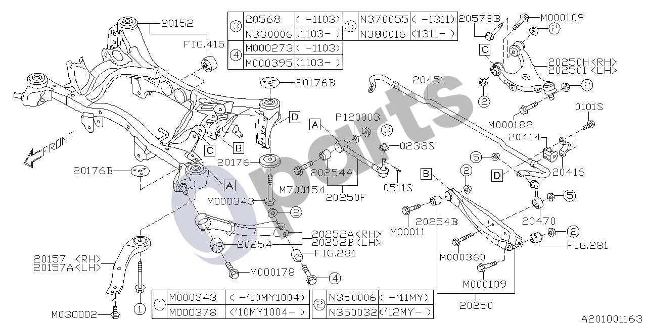 Subaru Exiga (2008–2018) Galinė pakaba schema – pozicija 20416: Stabilizatoriaus įvorės spaustukas