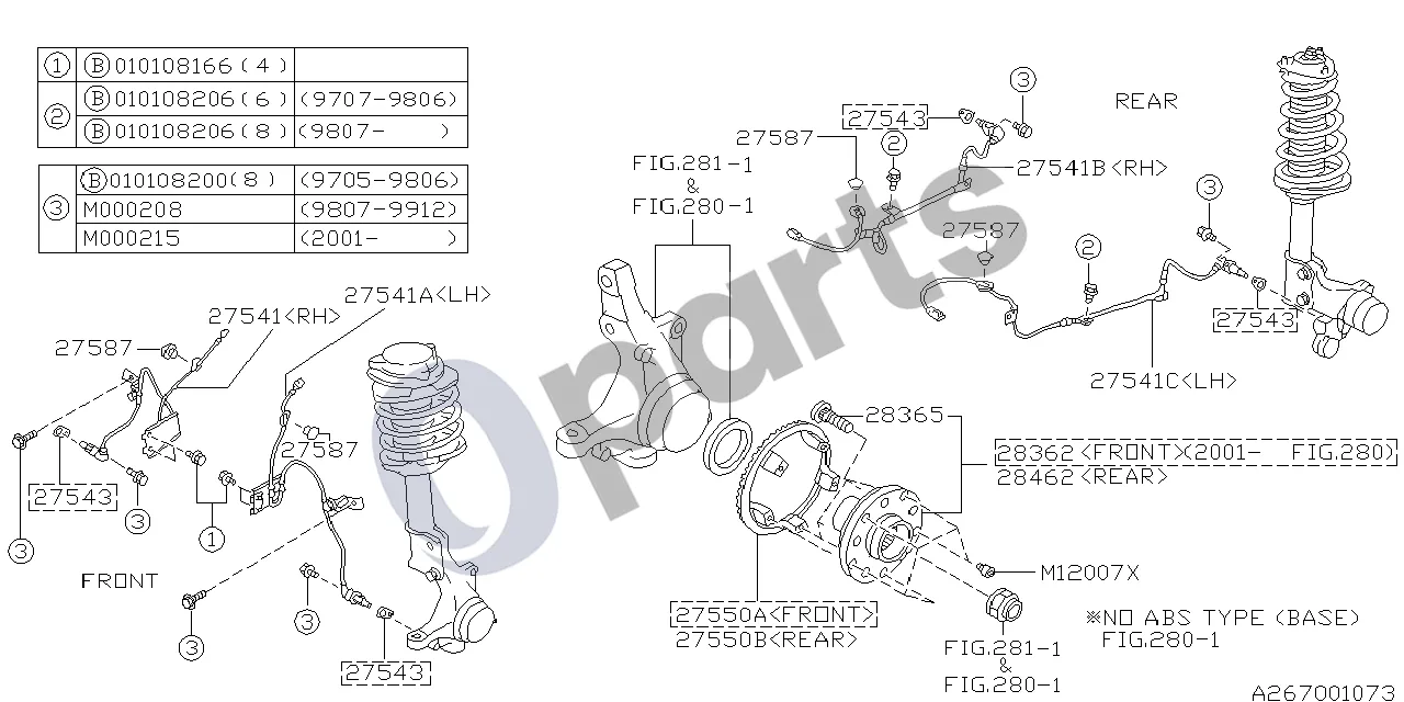 Subaru Forester SF (2000–2003) ABS daviklis schema – pozicija 28365: Stebulės varžtas