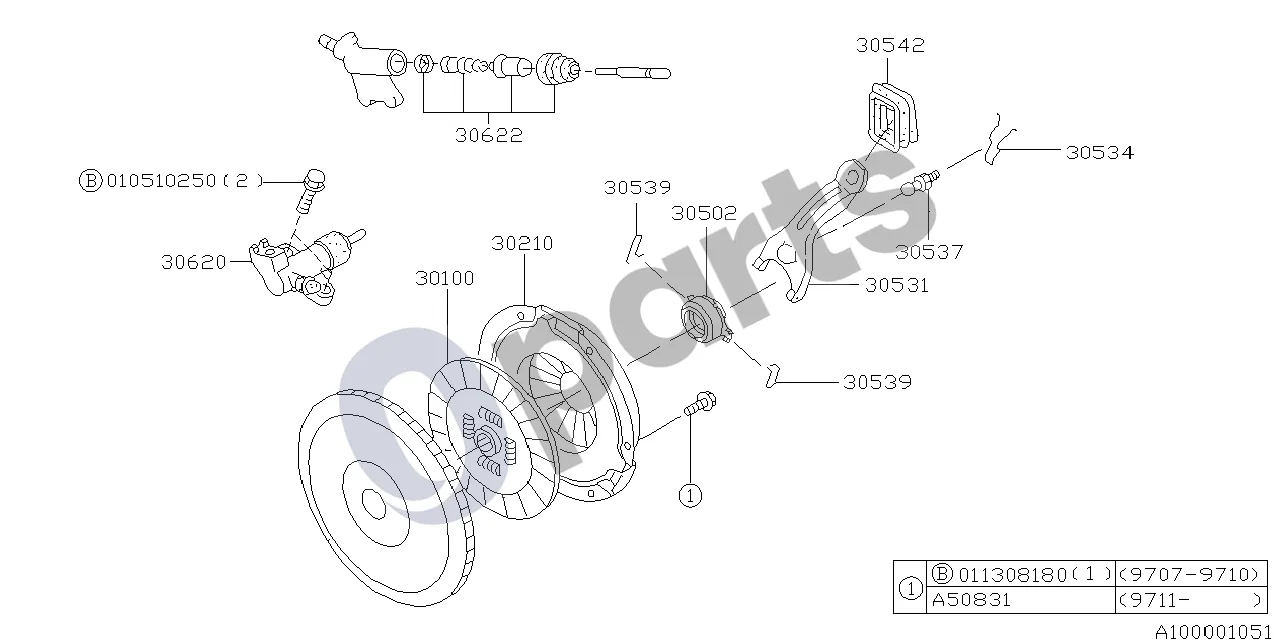 Subaru Forester SF (2000–2003) Sankabos laikiklis (EJ202) schema – pozicija 30539: Sankabos movos kniedė