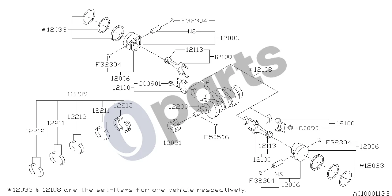 Subaru Forester SF (2000–2003) Stūmoklis ir alkūninis velenas (205) schema – pozicija 12033: Stūmoklio žiedų komplektas