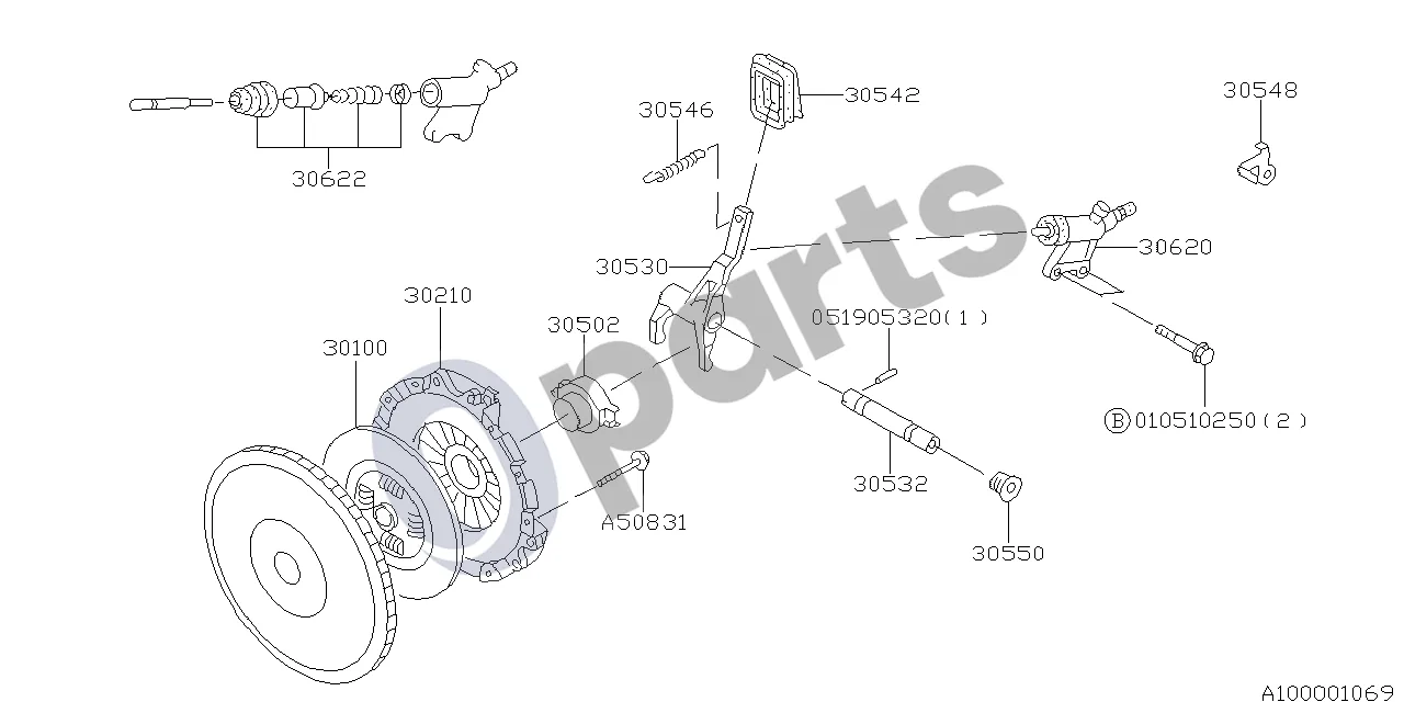 Subaru Forester SF (2000–2003) Sankabos laikiklis (EJ205) schema – pozicija 30546: Atleidimo svirties spyruoklė