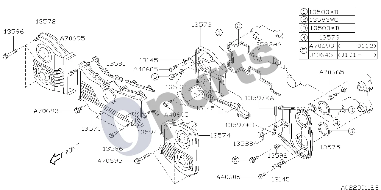 Subaru Forester SF (2000–2003) Paskirstymo diržo dangtis (EJ205) schema – pozicija 13145: Kreipiklis, paskirstymo diržas