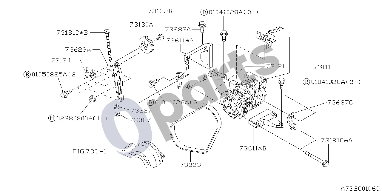 Subaru Forester SF (2000–2003) Kompresorius (EJ202) schema – pozicija 73611A: Kompresoriaus laikiklis, komplektas