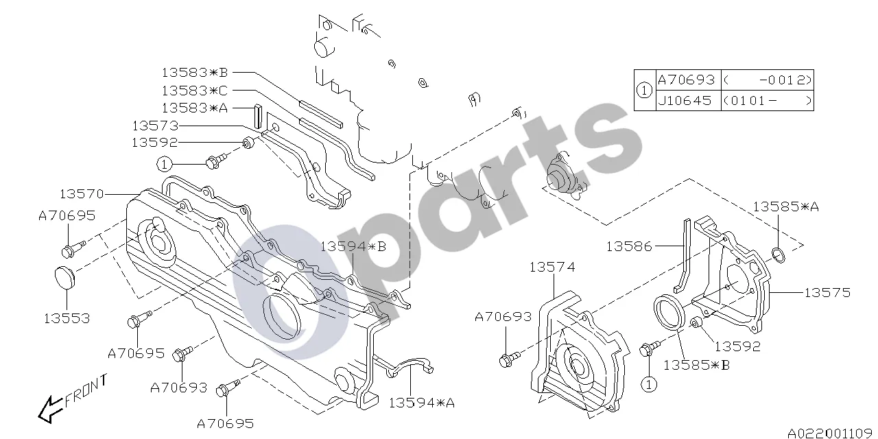 Subaru Forester SF (2000–2003) Paskirstymo diržo dangtis (EJ202) schema – pozicija 13573: Diržo Nr. 2 dangtelis, dešinysis