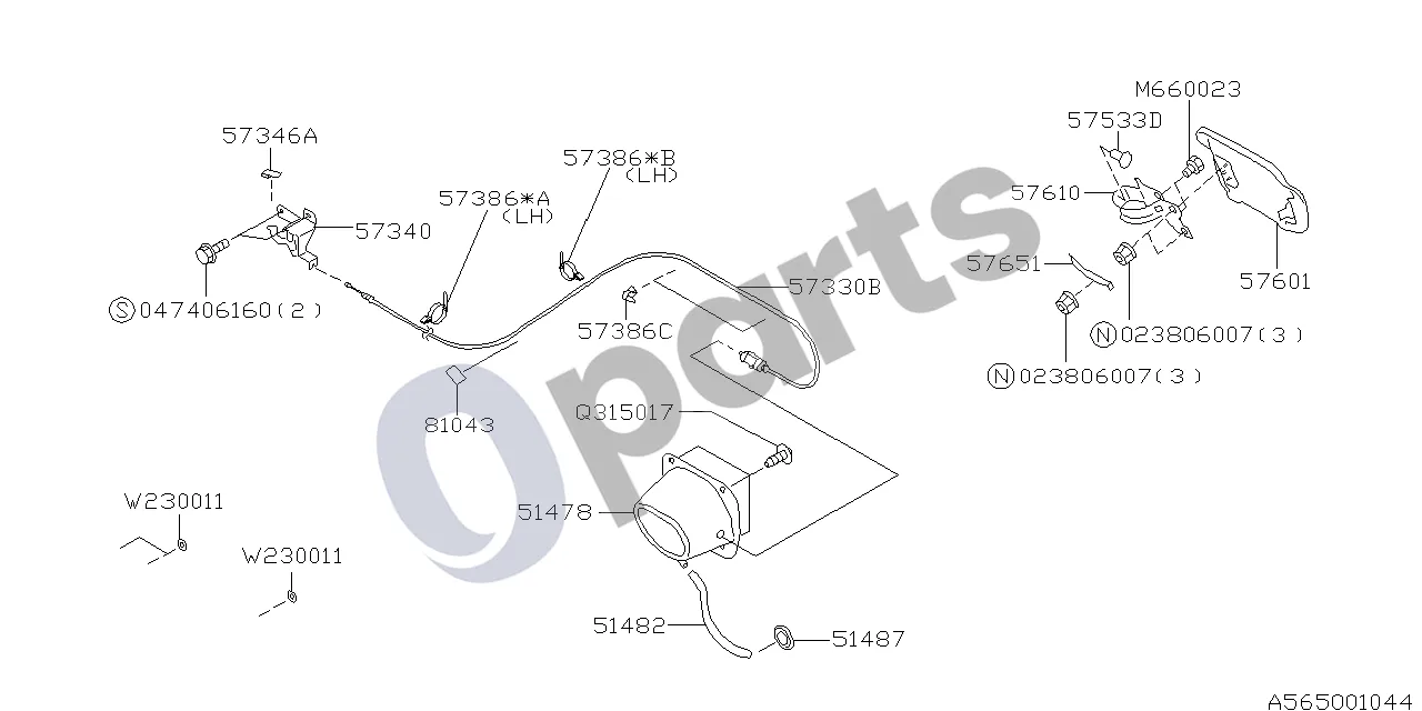 Subaru Forester SF (2000–2003) Degalų bako dangtelis ir atidarymo mechanizmas schema – pozicija 57651: Spyruoklė – sklendė