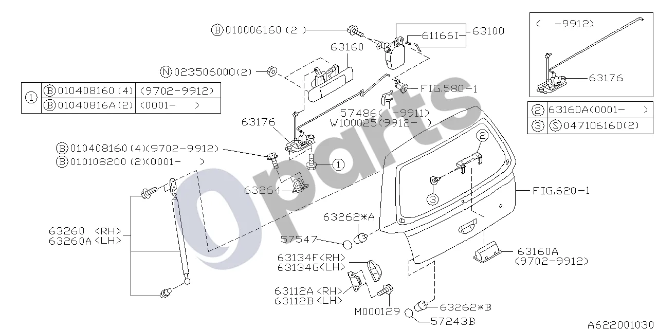 Subaru Forester SF (2000–2003) Galinių durų detalės schema – pozicija 63112A: Galinių durų buferis, dešinys