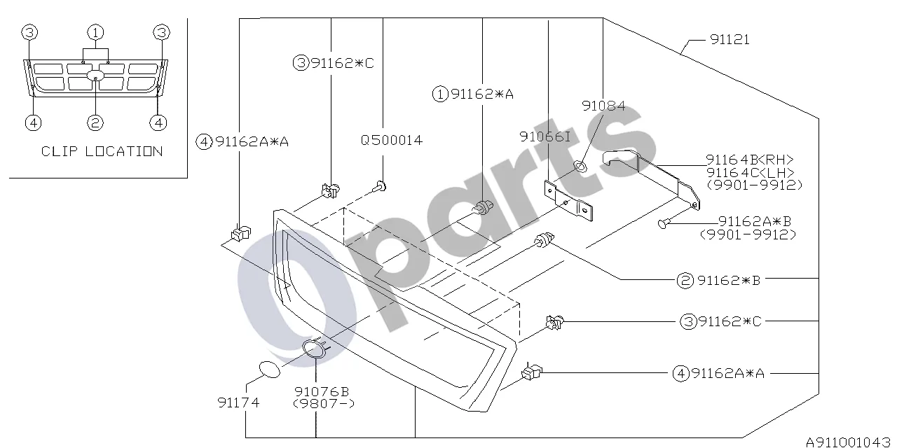 Subaru Forester SF (2000–2003) Priekinės grotelės schema – pozicija 91162C: Spaustukas