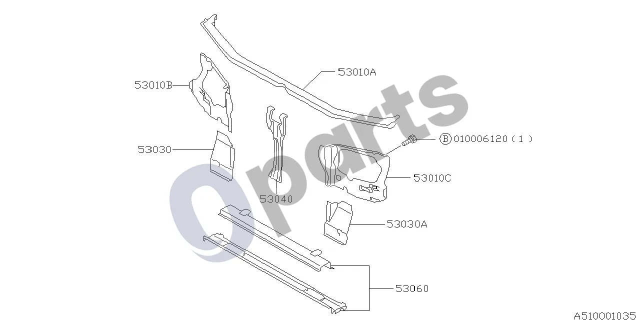 Subaru Forester SF (2000–2003) Radiatoriaus panelė schema – pozicija 53010C: Radiatoriaus šoninė panelė, kairė, komplektas