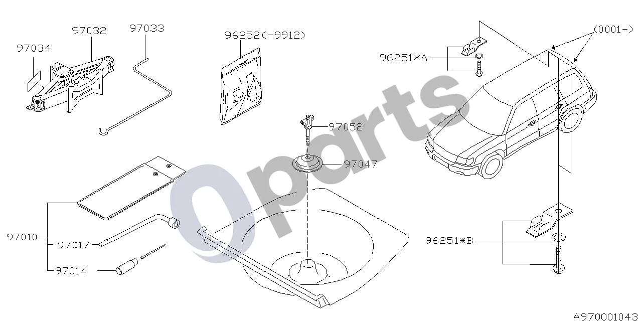 Subaru Forester SF (2000–2003) 01.1997 - ..., W (EJ205) schema – pozicija 97010: Įrankių komplektas