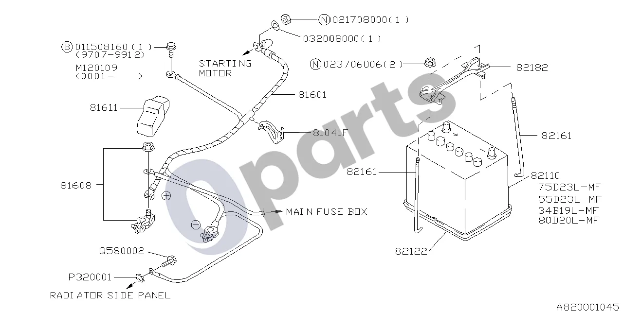 Subaru Forester SF (2000–2003) Akumuliatoriaus įranga schema – pozicija 82182: Akumuliatoriaus tvirtinimo laikiklis