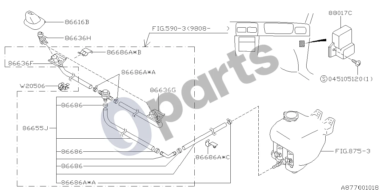 Subaru Forester SF (2000–2003) 01.1997 - ..., W (EJ205) schema – pozicija 86616B: Žibintų plovimo dėžutė, komplektas