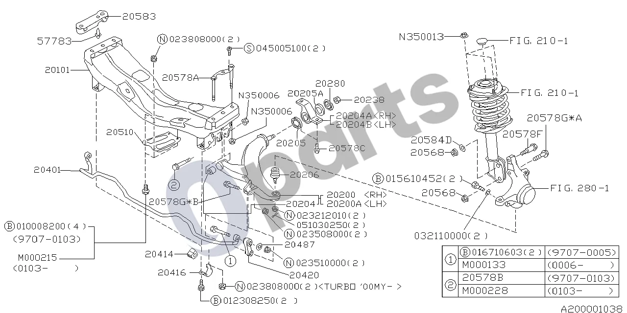 Subaru Forester SF (2000–2003) 01.1997 - ..., W (EJ205) schema – pozicija 20578B: Skersinės svirties varžtas B