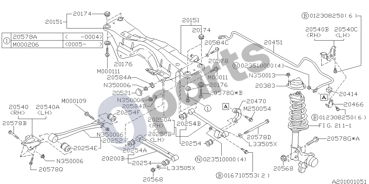 Subaru Forester SF (2000–2003) 01.1997 - ..., W (EJ205) schema – pozicija 20578: Galinis ekscentrinis varžtas