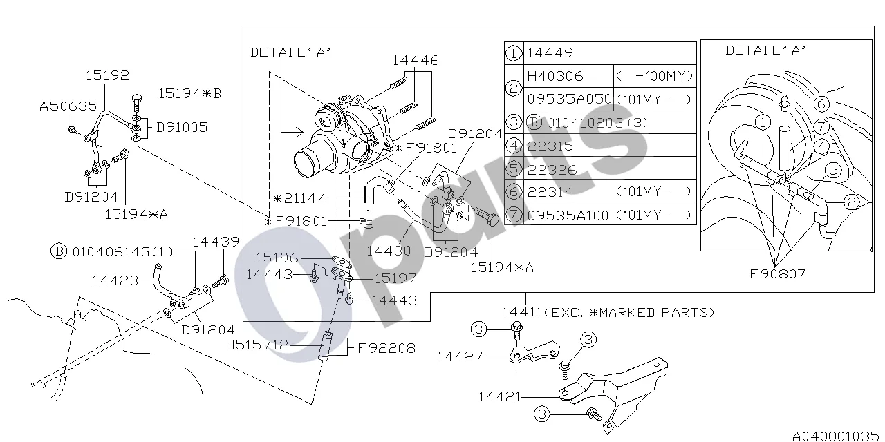 Subaru Forester SF (2000–2003) Turbokompresorius (EJ205) schema – pozicija 14446: Turbokompresoriaus smeigė