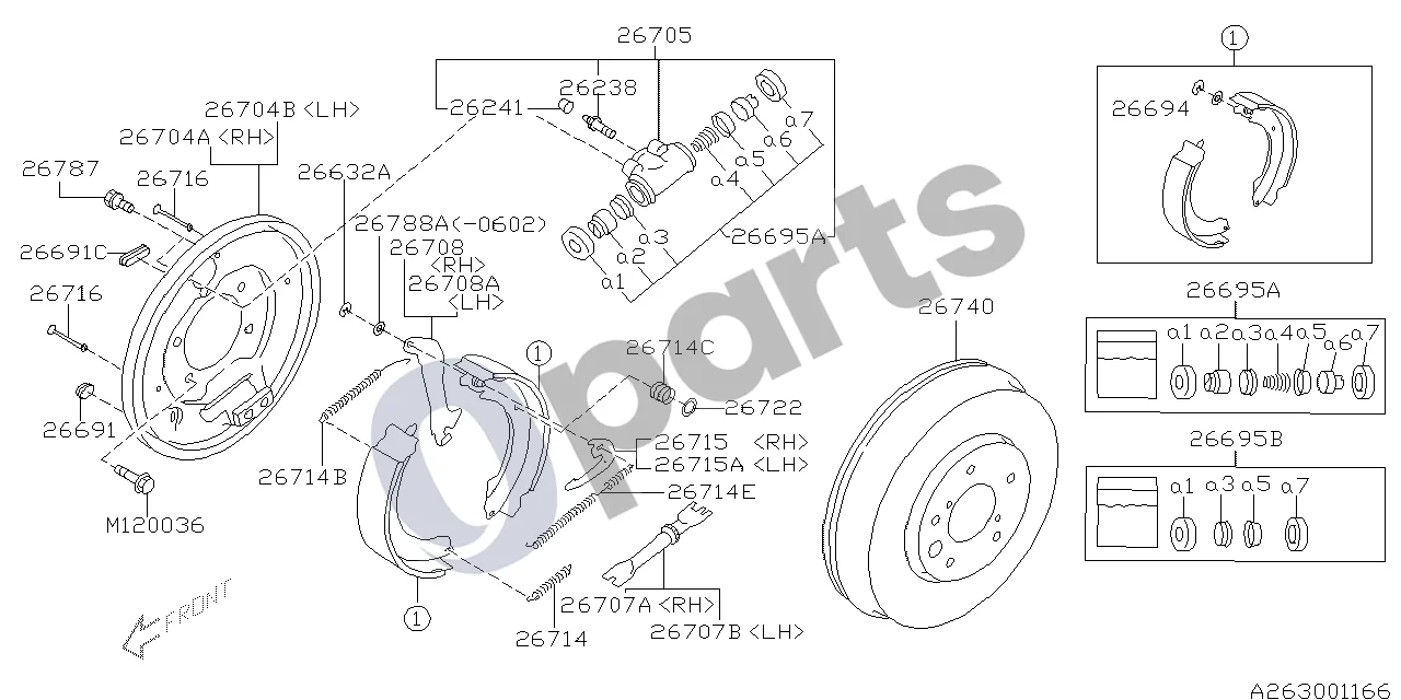 Subaru Forester SG (2003–2005) Būgnas schema – pozicija 26704B: Galinio stabdžio atraminė plokštė, kairė