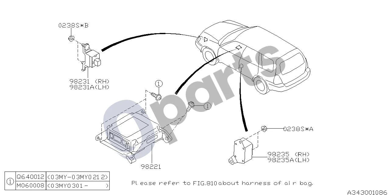 Subaru Forester SG (2003–2005) Sistema (201) schema – pozicija 98231: Oro pagalvės jutiklio mazgas, priekinis dešinys