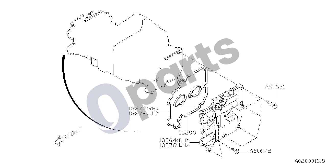 Subaru Forester SG (2003–2005) Vožtuvų dangtis (255) schema – pozicija 13270: Tarpiklis, dešinysis vožtuvų dangtis