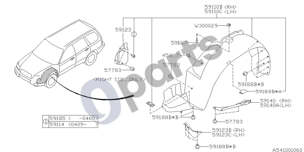 Subaru Forester SG (2003–2005) Purvasaugis schema – pozicija 59140A: Dangtelis, pagalbinis rėmas, kairė