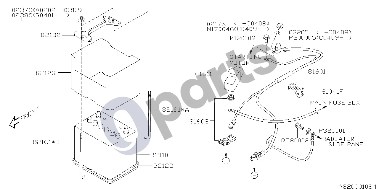 Subaru Forester SG (2003–2005) 02.2002 - ..., W (201) schema – pozicija 82122: Akumuliatoriaus dėklas