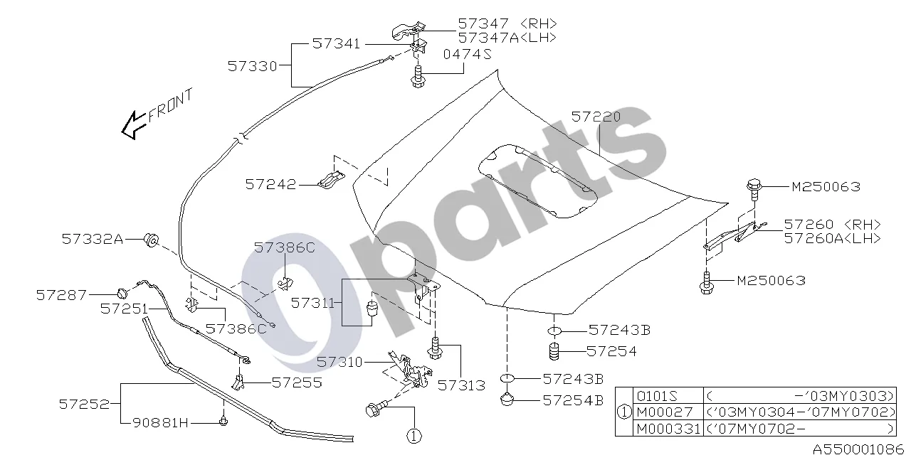 Subaru Forester SG (2003–2005) 02.2002 - ..., W (201) schema – pozicija 57254B: Buferis – priekinis variklio dangtis C