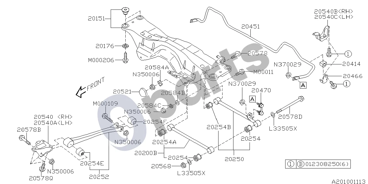 Subaru Forester SG (2003–2005) 02.2002 - ..., W (201) schema – pozicija 20540C: Laikiklis, stabilizatorius, kairys
