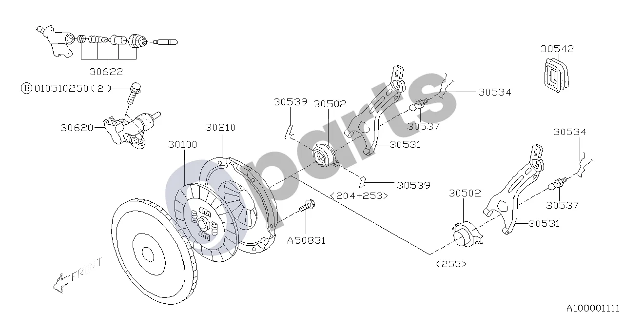 Subaru Forester SG (2003–2005) Sankabos laikiklis (255) schema – pozicija 30502: Sankabos išjungimo guolis