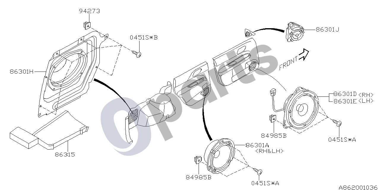 Subaru Forester SG (2006–2008) 02.2002 - ..., W (204) schema – pozicija 86301E: Garsiakalbis – durys, priekinis kairys
