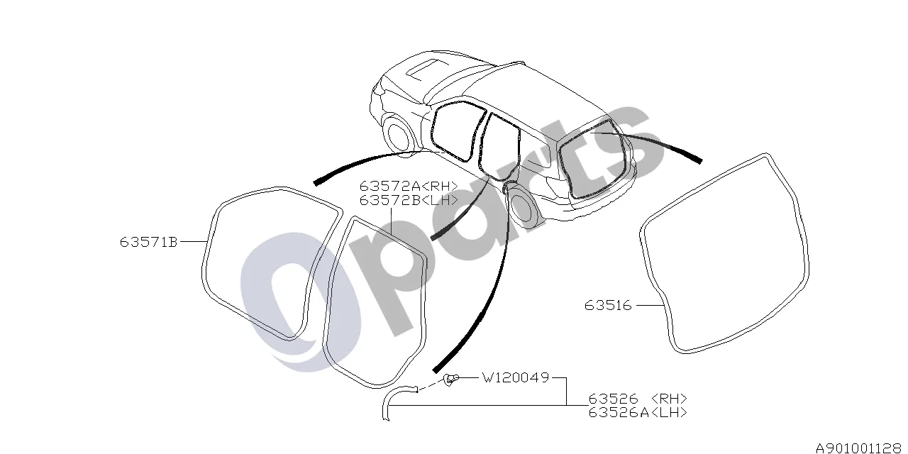 Subaru Forester SH (2008–2013) Kėbulas (204) schema – pozicija 63526A: Kėbulo ssandarinimo juostelė, kairė