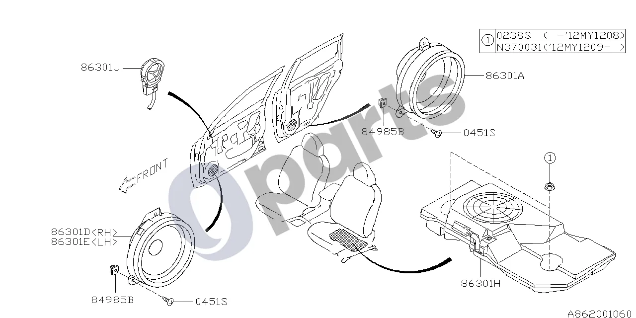 Subaru Forester SH (2008–2013) 12.2007 - ..., W (204) schema – pozicija 86301A: Garsiakalbis, komplektas – galinis