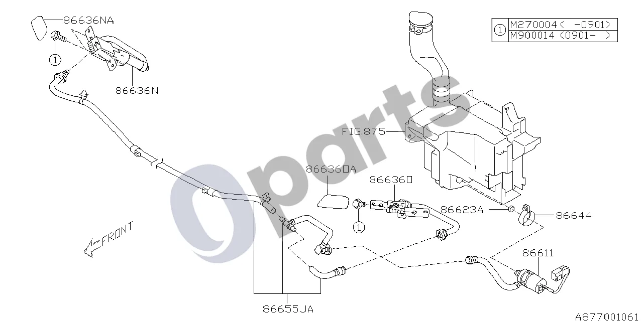 Subaru Forester SH (2008–2013) Priekinių žibintų plovimo purkštukas schema – pozicija 86611: Plovimo variklis su siurbliu, komplektas