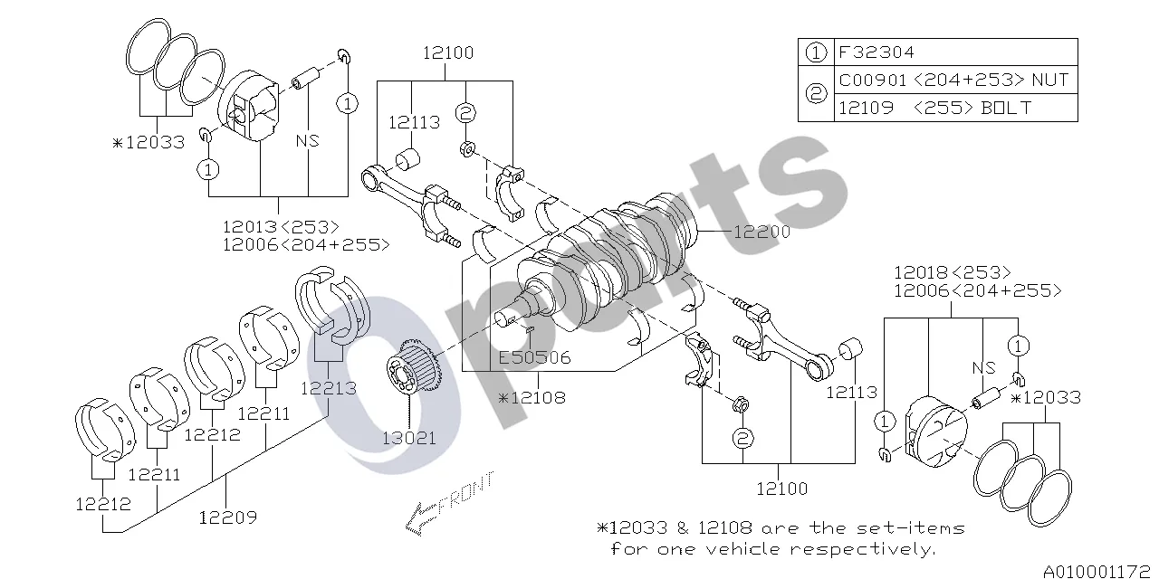 Subaru Forester SH (2008–2013) Stūmoklis ir alkūninis velenas (255) schema – pozicija 12200: Alkūninis velenas, komplektas