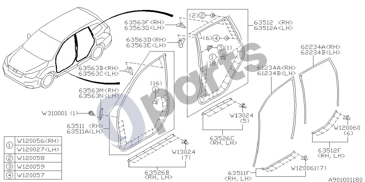 Subaru Forester SJ (2013–2018) Durys schema – pozicija 61234A: Slankiklio kreipiklis-priekinės durys, dešinė