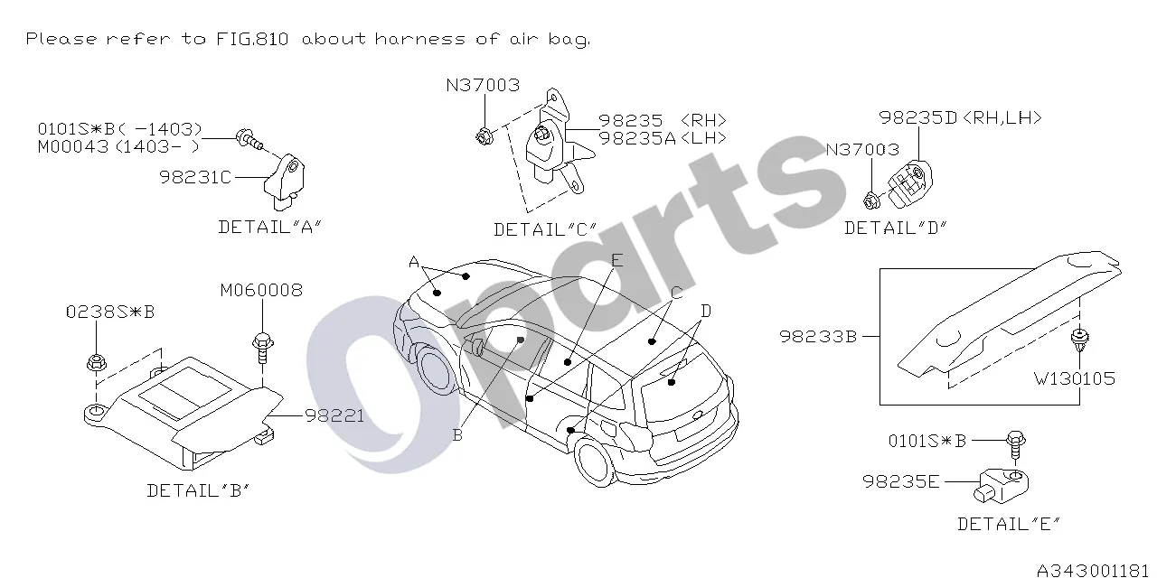 Subaru Forester SJ (2013–2018) Sistema (20A) schema – pozicija 98235D: Jutiklis – šoninės oro pagalvės