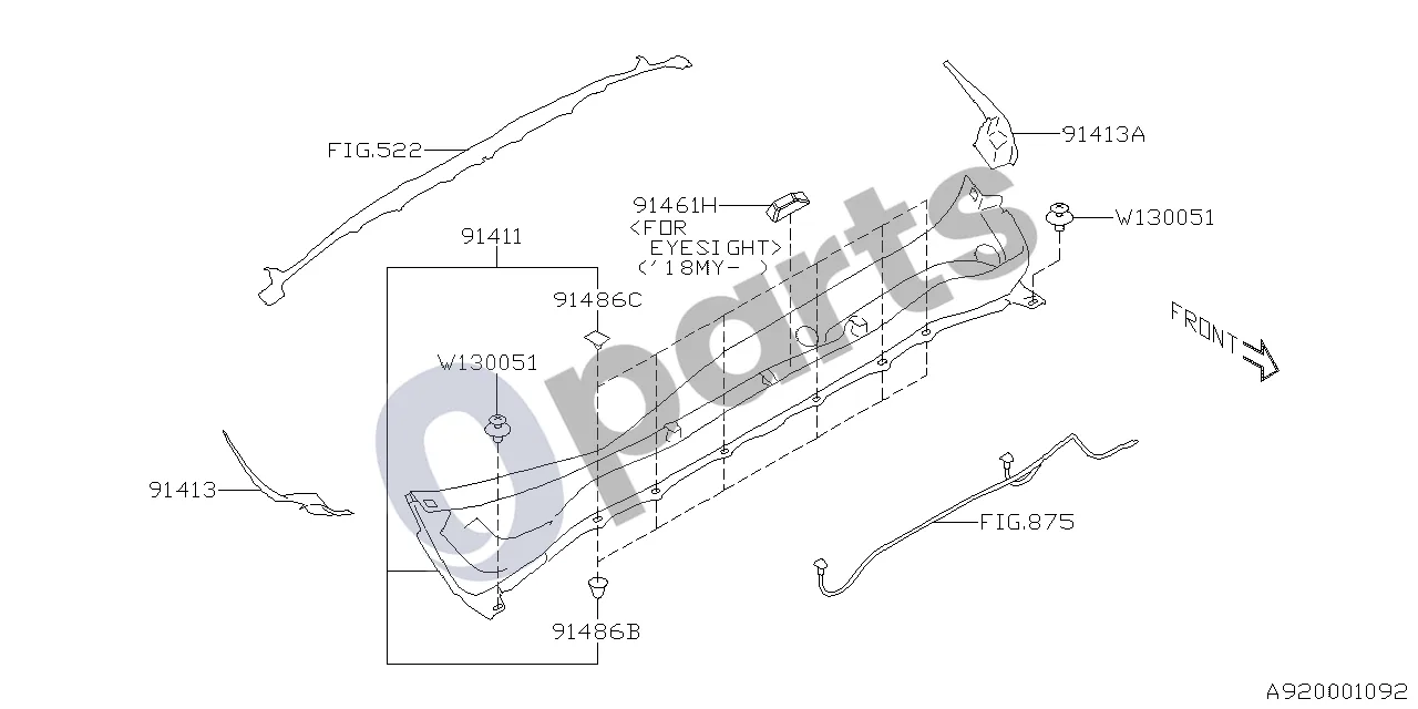 Subaru Forester SJ (2013–2018) Priekinio stiklo apatinis skydas schema – pozicija 91413: Priekinio stiklo apatinė plokštė-šoninė, dešinė