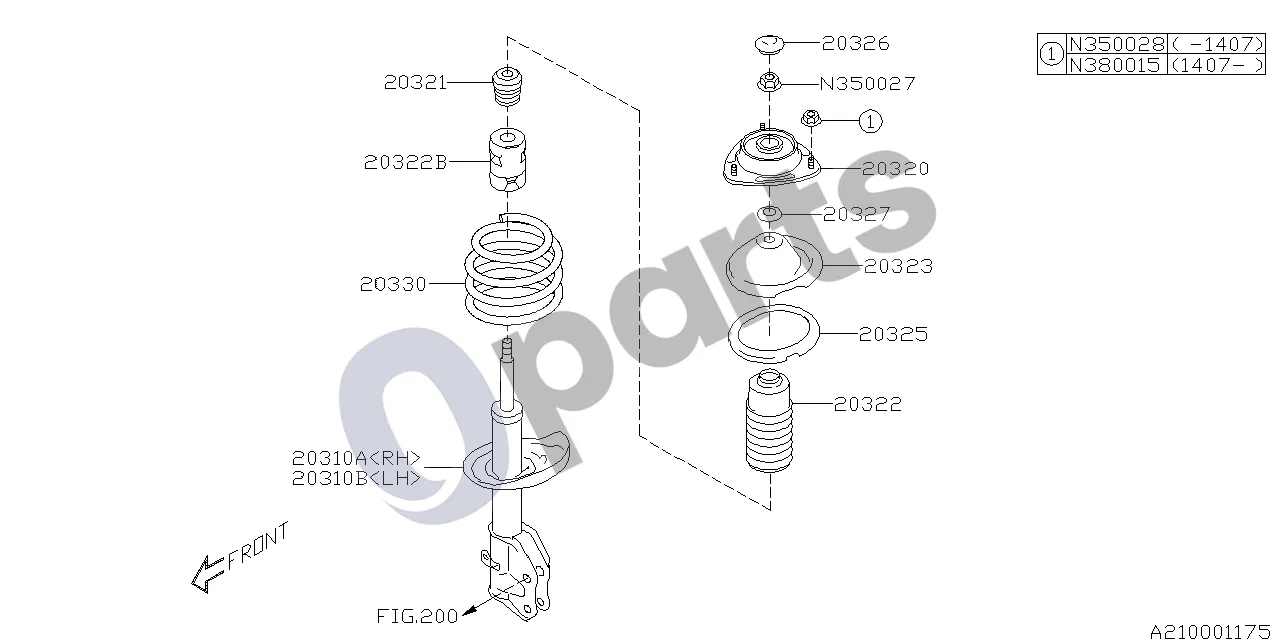 Subaru Forester SJ (2013–2018) Priekinis amortizatorius schema – pozicija 20310A: Priekinis dešinysis amortizatoriaus statramstis, komplektas