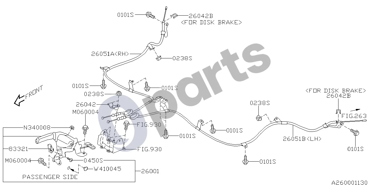 Subaru Forester SJ (2013–2018) Stovėjimo stabdžių sistema schema – pozicija 26051B: Rankinio stabdžio troso komplektas, kairysis