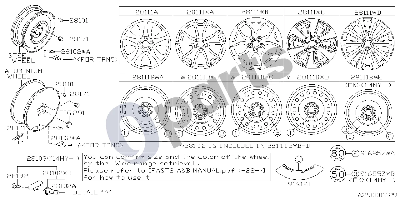 Subaru Forester SJ (2013–2018) 08.2012 - ..., W (20A) schema – pozicija 28103: Vožtuvas, padangų slėgio kontrolės sistema (TPMS)