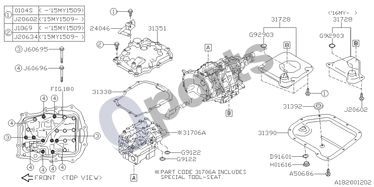 Subaru Forester SK (2018–2025) Automatinė pavarų dėžė, valdymo vožtuvas schema – pozicija 31338: Pavarų dėžės dangčio tarpiklis