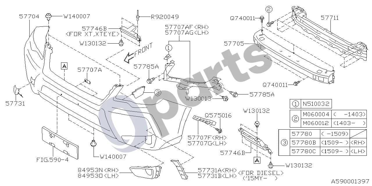 Subaru Forester SK (2018–2025) Su (IS+ISEYE+ISC+ISCEYE+XT#+DS+EIS+EXT#) schema – pozicija 57731A: Priekinio bamperio dangtelis, dešinė