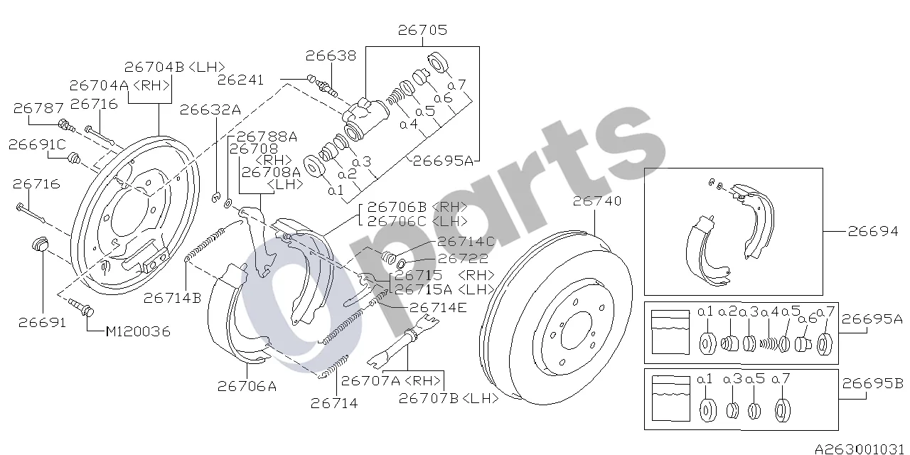 Subaru Impreza I (1993–2000) Būgninis stabdys schema – pozicija 26704B: Galinio stabdžio atraminė plokštė, kairė