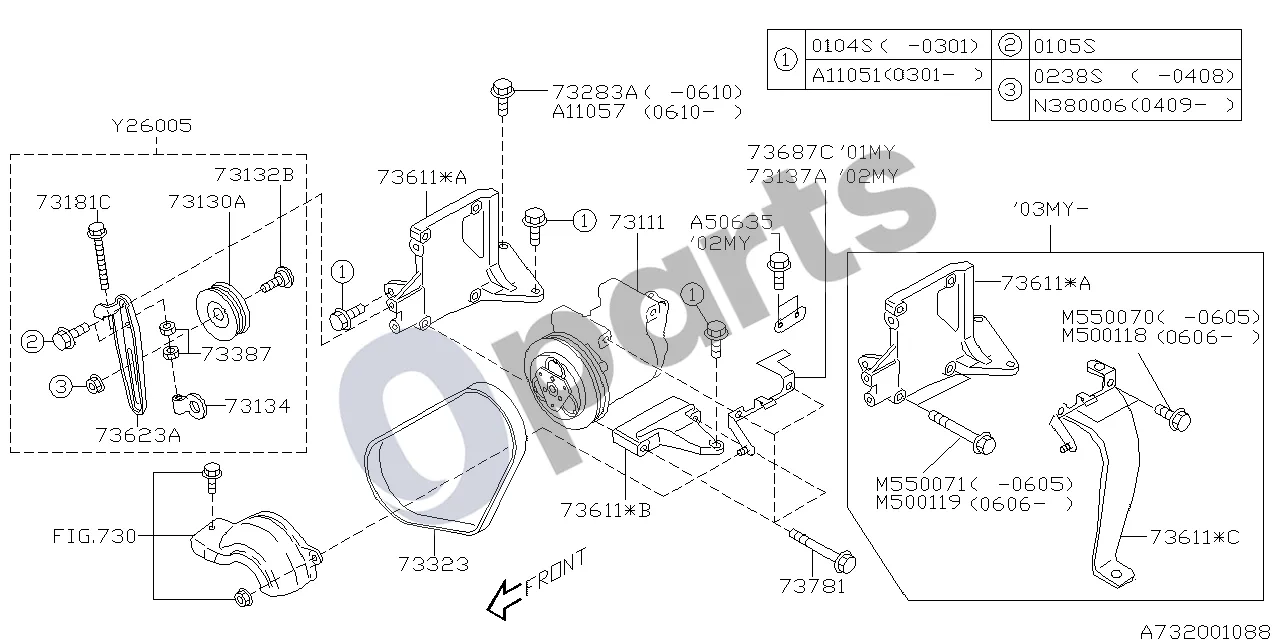 Subaru Impreza II (2001–2002) Kompresorius (205) schema – pozicija 73111: Kompresorius, komplektas