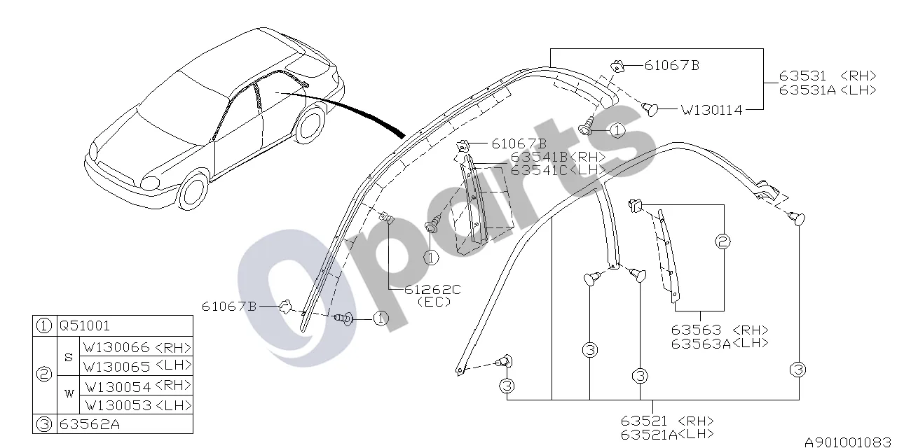 Subaru Impreza II (2003–2005) Viršutinis (161) schema – pozicija 63531: Laikiklio ir apdailos juostelės mazgas, dešinė