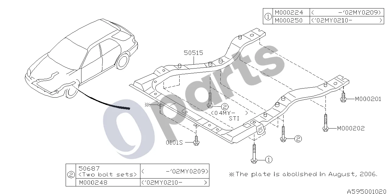 Subaru Impreza II (2003–2005) 04.2000 - ..., S +W (161) schema – pozicija 50515: Priekinio rėmo mazgas